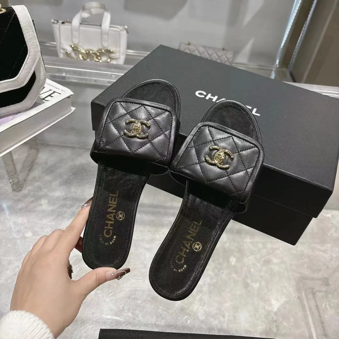 👟👟Ex-factory price 340👟👟Chanel Chanel 25C new women's double C schoolbag buckle flat sandals, fabric sheepskin, color: black: white: pink: apricot, code number: 5-40 (customized 41 42 43 customized non-refundable)